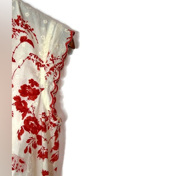 Mavi red & cream floral print, cap sleeve top, red embroidery scalloped hems - Picture 5 of 7